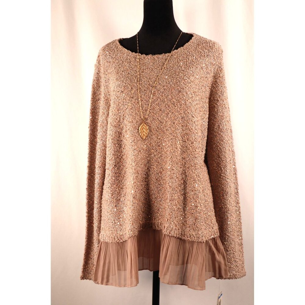 ALFANI by women's Sequin Knit Sweater with Pleated Sheer Hem‎ Size P/XL